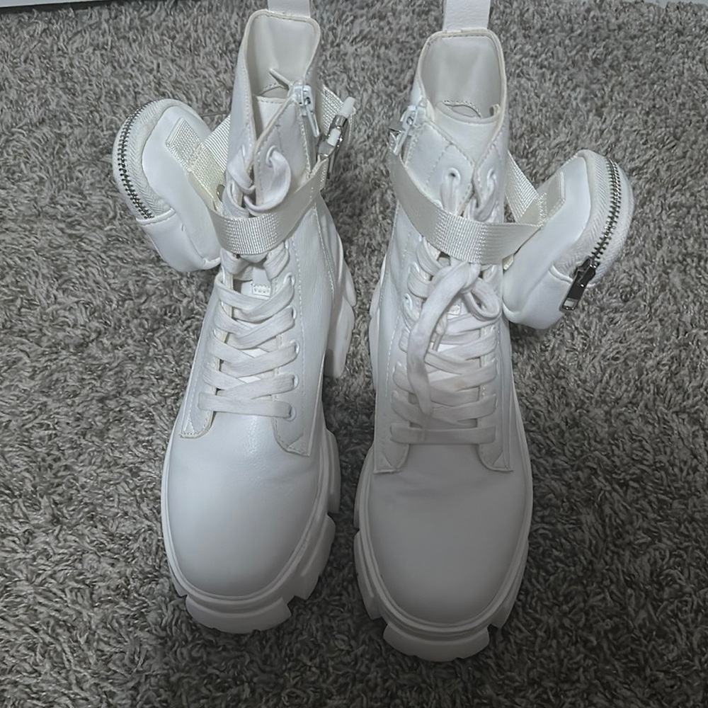White Combat Boots with Side Pouch